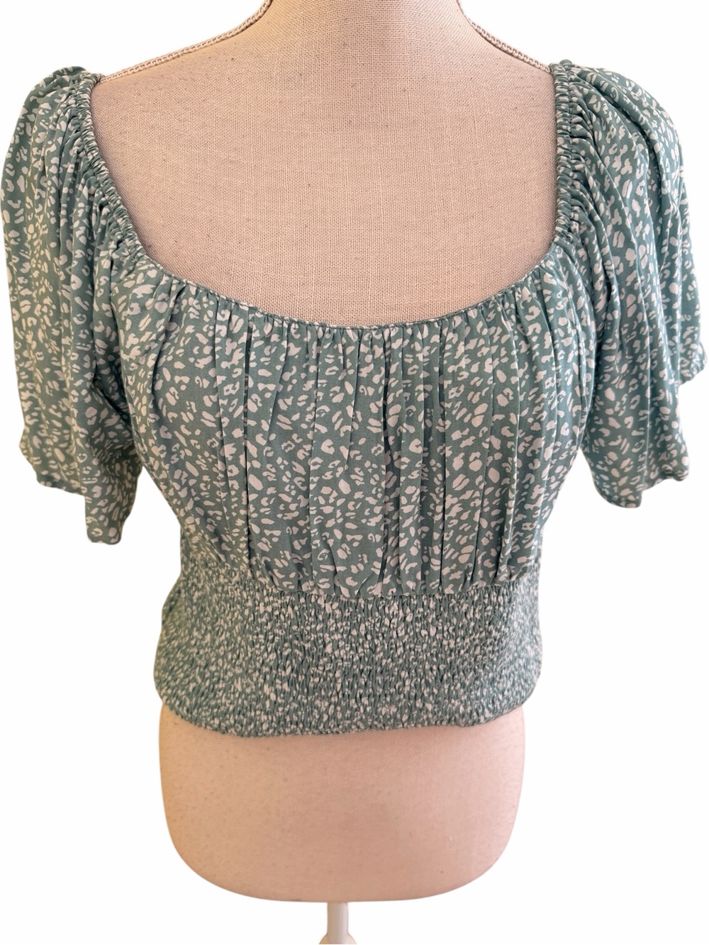 Easel Smocked Waist Sage Green White Floral Printed "Flow" Peasant Top M